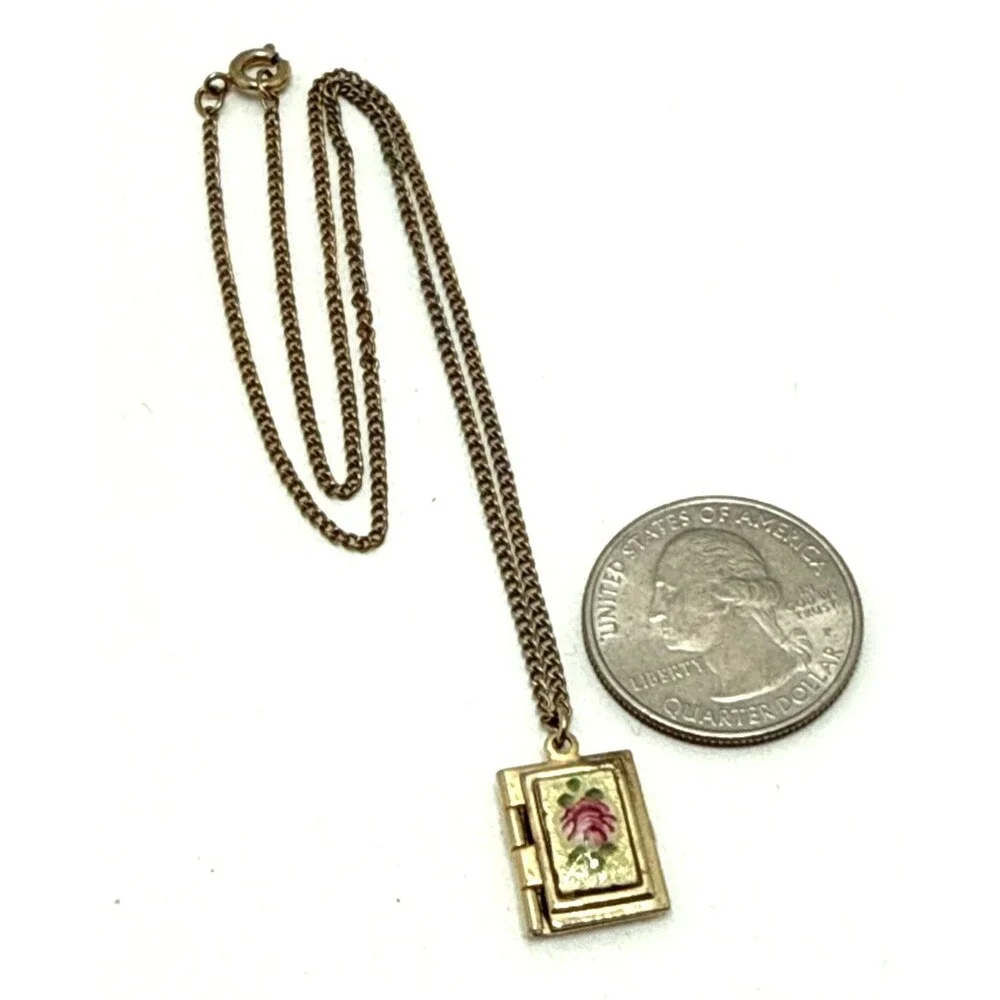 Vintage Guilloche Enamel Locket Necklace Child Size Rose Design Gold Tone 15